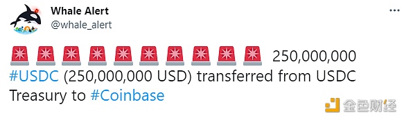 数据：2.5亿枚USDC从USDCTreasury转至Coinbase1